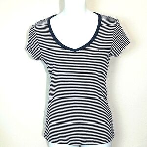 Tommy Hilfiger Top striped t shirt short sleeve Logo Scoop V Neck Stretch Preppy